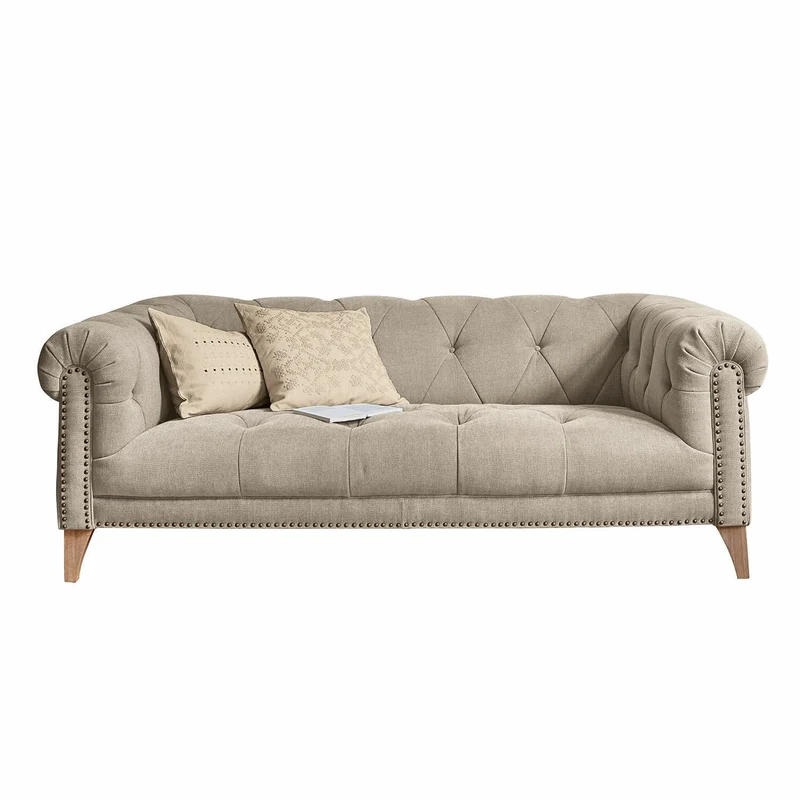 Loberon Canapé Sanbornville Chesterfield Classique Forme Traditionnelle Housse Robuste Rembourrage de Haute Qualité Assise Canapé Hévéa Polyester Taupe
