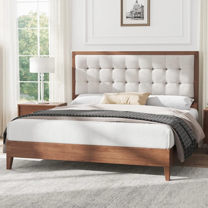 LUXOAK Lit en Bois de pin Massif 160 x 200 cm avec tête de lit rembourrée, lit en Bois pour Chambre à Coucher ou Chambre d'amis, Housse en Lin, Aspect Noyer