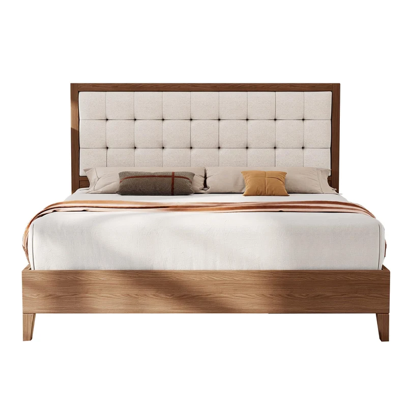 LUXOAK Lit en Bois de pin Massif 160 x 200 cm avec tête de lit rembourrée, lit en Bois pour Chambre à Coucher ou Chambre d'amis, Housse en Lin, Aspect Noyer