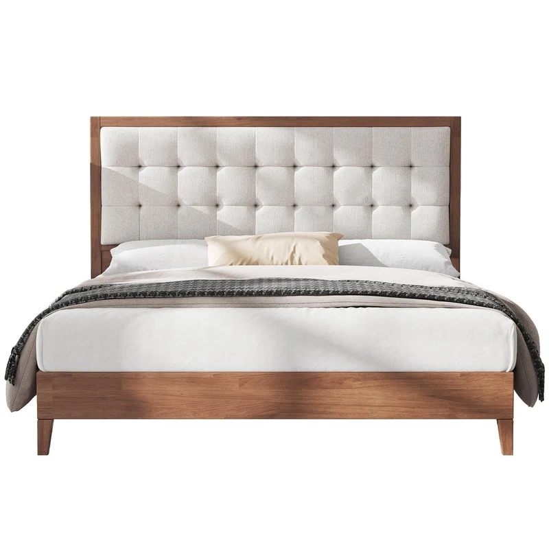 LUXOAK Lit en Bois de pin Massif 160 x 200 cm avec tête de lit rembourrée, lit en Bois pour Chambre à Coucher ou Chambre d'amis, Housse en Lin, Aspect Noyer