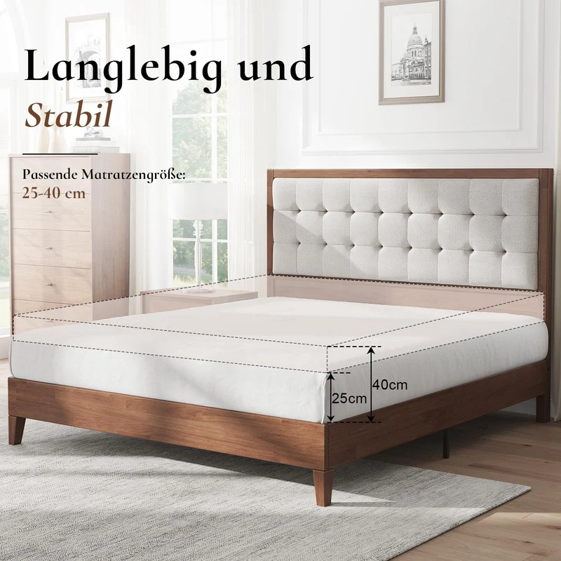 LUXOAK Lit en Bois de pin Massif 160 x 200 cm avec tête de lit rembourrée, lit en Bois pour Chambre à Coucher ou Chambre d'amis, Housse en Lin, Aspect Noyer