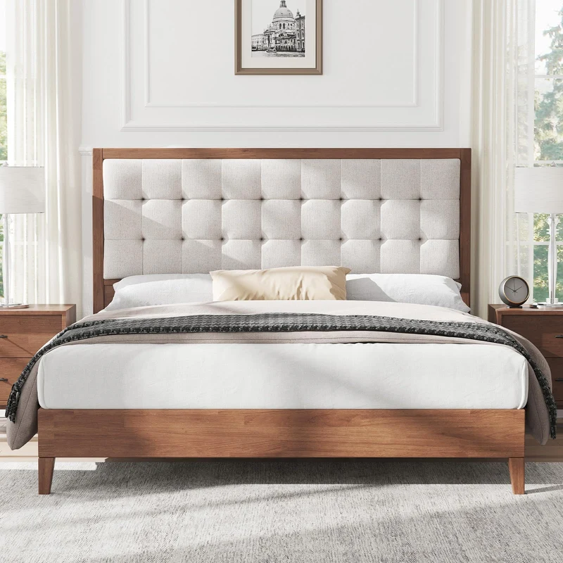LUXOAK Lit en Bois de pin Massif 160 x 200 cm avec tête de lit rembourrée, lit en Bois pour Chambre à Coucher ou Chambre d'amis, Housse en Lin, Aspect Noyer