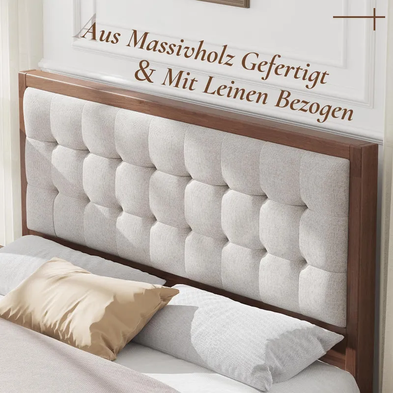 LUXOAK Lit en Bois de pin Massif 160 x 200 cm avec tête de lit rembourrée, lit en Bois pour Chambre à Coucher ou Chambre d'amis, Housse en Lin, Aspect Noyer