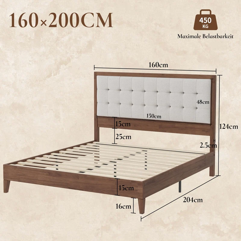 LUXOAK Lit en Bois de pin Massif 160 x 200 cm avec tête de lit rembourrée, lit en Bois pour Chambre à Coucher ou Chambre d'amis, Housse en Lin, Aspect Noyer