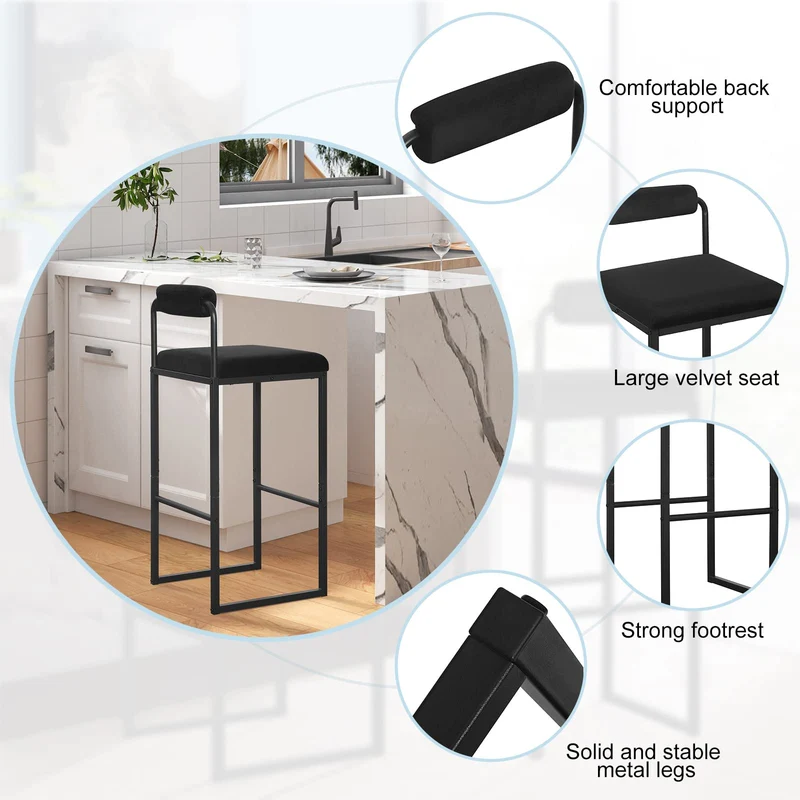 WOLTU Lot de 2 Tabourets de Bar, Chaises de Bar Hautes avec Dossier et Repose-Pieds, Design Moderne, en Velours et Métal Hauteur du Siège 75cm, Noir BH343sz-2