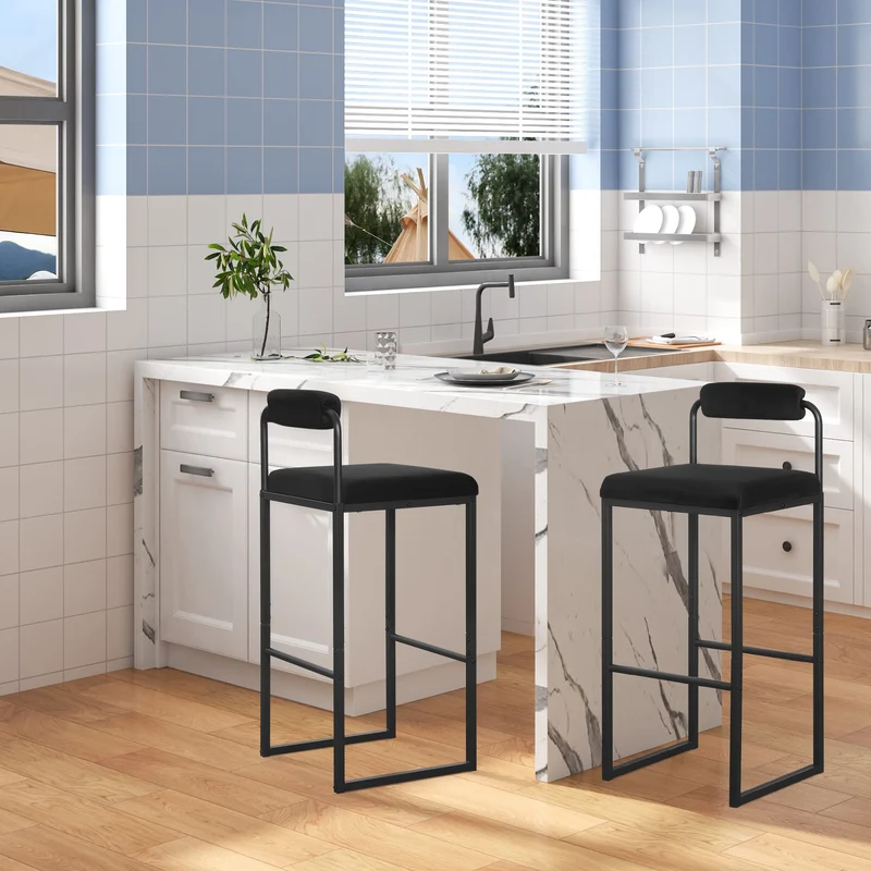 WOLTU Lot de 2 Tabourets de Bar, Chaises de Bar Hautes avec Dossier et Repose-Pieds, Design Moderne, en Velours et Métal Hauteur du Siège 75cm, Noir BH343sz-2