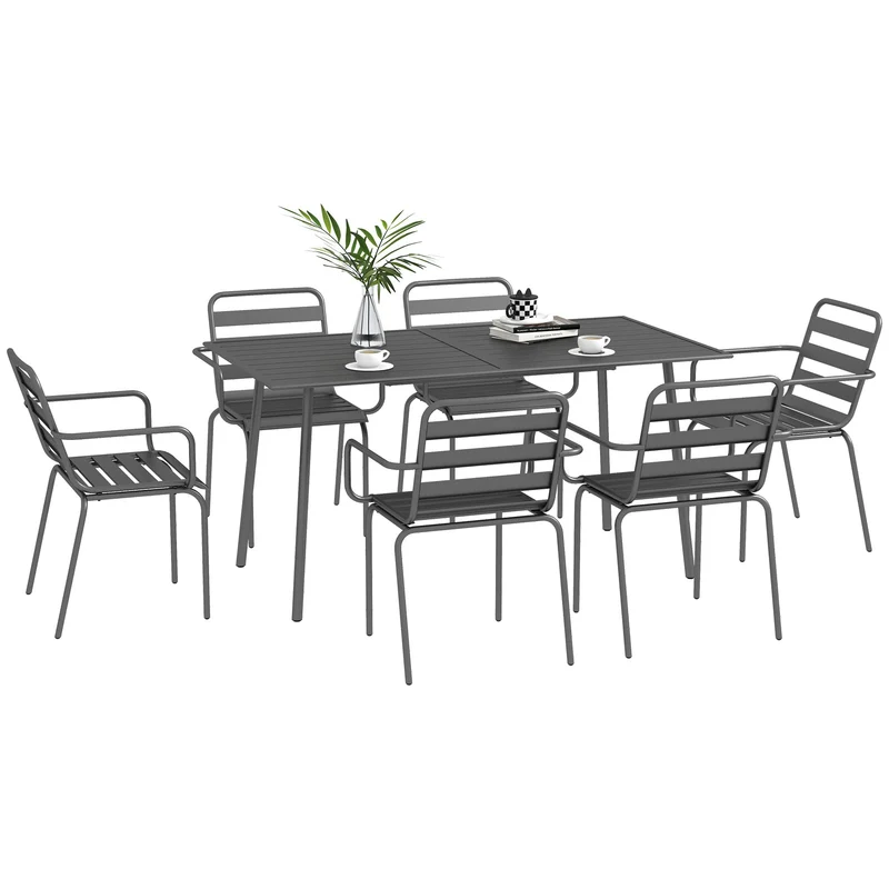 Outsunny Salon de Jardin extérieur Ensemble Salle à Manger de Jardin 7 pièces avec 1 Table et 6 chaises empilables en Acier Gris