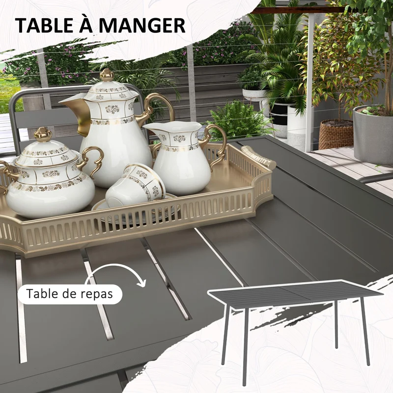 Outsunny Salon de Jardin extérieur Ensemble Salle à Manger de Jardin 7 pièces avec 1 Table et 6 chaises empilables en Acier Gris