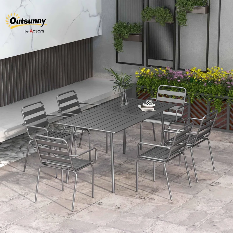 Outsunny Salon de Jardin extérieur Ensemble Salle à Manger de Jardin 7 pièces avec 1 Table et 6 chaises empilables en Acier Gris