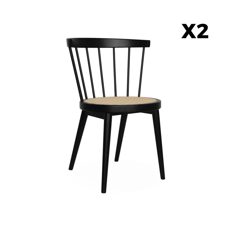Alice's Home - Lot de 2 chaises Noires en Bois et cannage. Nora. L 54 x P 54 x H 76.5cm