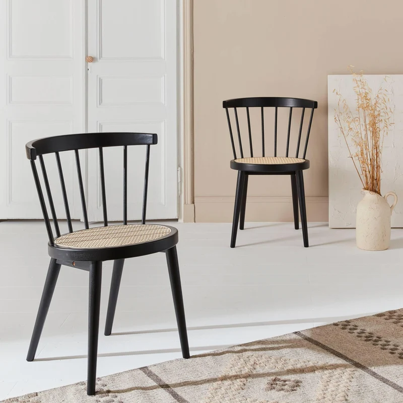 Alice's Home - Lot de 2 chaises Noires en Bois et cannage. Nora. L 54 x P 54 x H 76.5cm