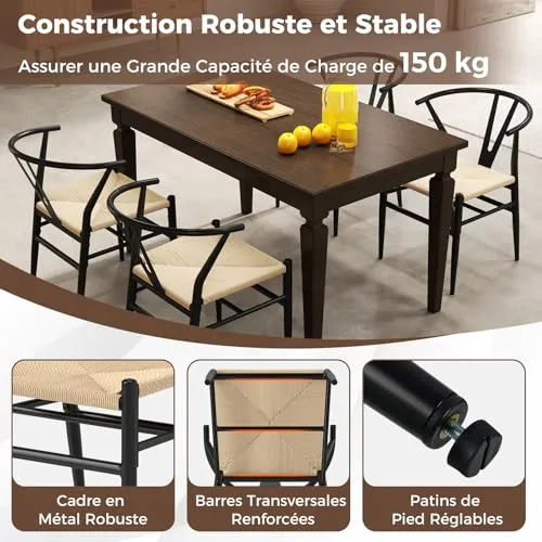 RELAX4LIFE Lot de 2 Chaise Wishbone, Chaise Scandinave Salle a Manger, Assise Tissée en Corde de Papier, Dossier en Y, Cadre Métallique, Chaises Salon Intérieur pour Bureau Cuisine (Noir+Naturel,1)