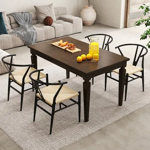 RELAX4LIFE Lot de 2 Chaise Wishbone, Chaise Scandinave Salle a Manger, Assise Tissée en Corde de Papier, Dossier en Y, Cadre Métallique, Chaises Salon Intérieur pour Bureau Cuisine (Noir+Naturel,1)