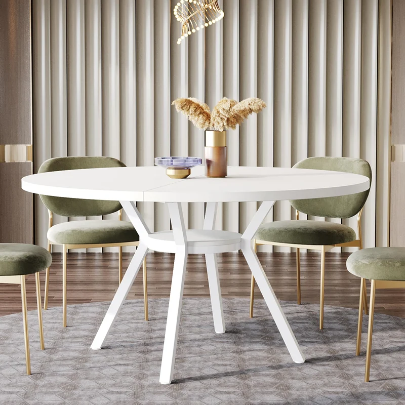 Table de Salle à Manger Ronde avec Plateau Effet MDF,120 * 120 * 75cm, avec Quatre Pieds en Métal, Blanche,Rétro Scandinave Parfaite (Blanche)