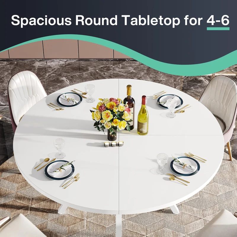 Table de Salle à Manger Ronde avec Plateau Effet MDF,120 * 120 * 75cm, avec Quatre Pieds en Métal, Blanche,Rétro Scandinave Parfaite (Blanche)