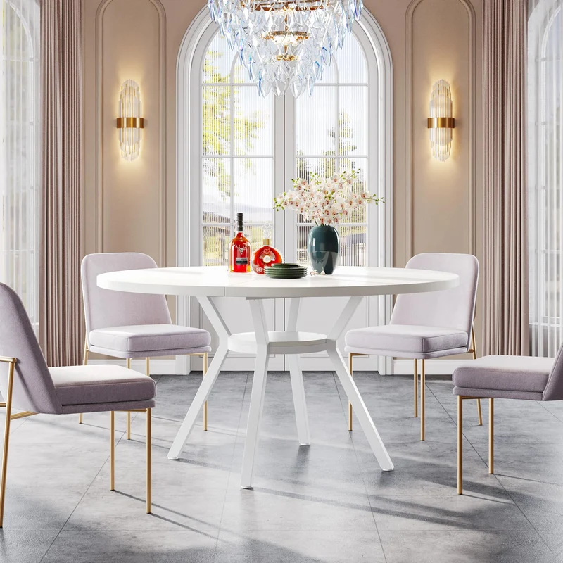 Table de Salle à Manger Ronde avec Plateau Effet MDF,120 * 120 * 75cm, avec Quatre Pieds en Métal, Blanche,Rétro Scandinave Parfaite (Blanche)