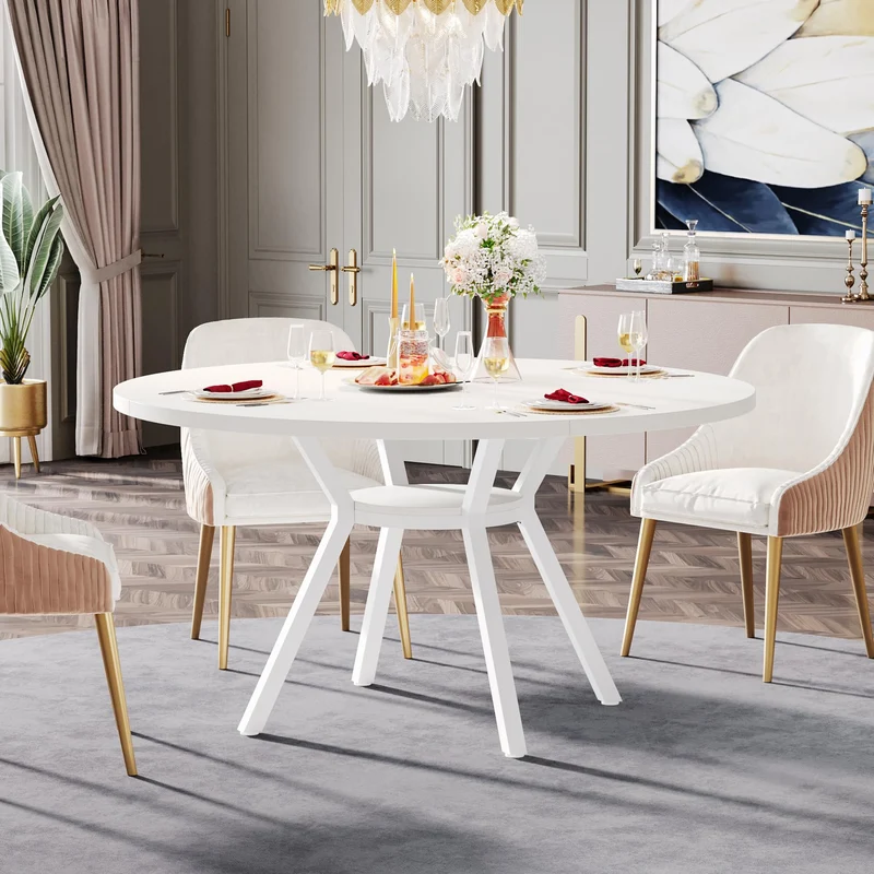 Table de Salle à Manger Ronde avec Plateau Effet MDF,120 * 120 * 75cm, avec Quatre Pieds en Métal, Blanche,Rétro Scandinave Parfaite (Blanche)