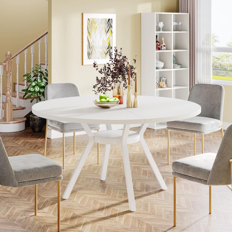 Table de Salle à Manger Ronde avec Plateau Effet MDF,120 * 120 * 75cm, avec Quatre Pieds en Métal, Blanche,Rétro Scandinave Parfaite (Blanche)