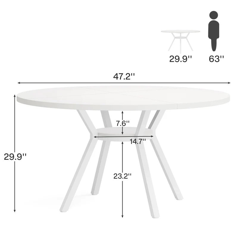 Table de Salle à Manger Ronde avec Plateau Effet MDF,120 * 120 * 75cm, avec Quatre Pieds en Métal, Blanche,Rétro Scandinave Parfaite (Blanche)