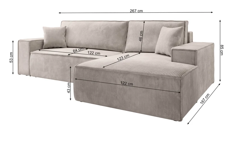 Selsey FARESE New - Canapé d'angle - 267 cm - en L avec Coffre de Rangement canapé Droit en Velours côtelé Beige