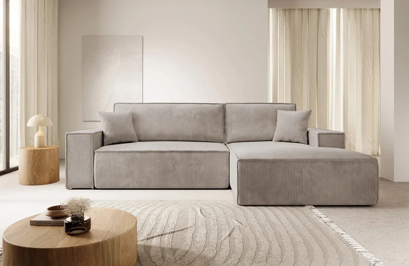 Selsey FARESE New - Canapé d'angle - 267 cm - en L avec Coffre de Rangement canapé Droit en Velours côtelé Beige