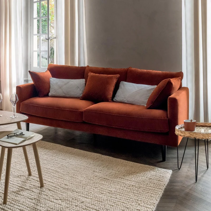 Atmosphera - Canapé 3 Places Candice Orange Ambre, Tissu Velours Déperlant, 194 cm, Fabriqué en France - pour Salon, Séjour
