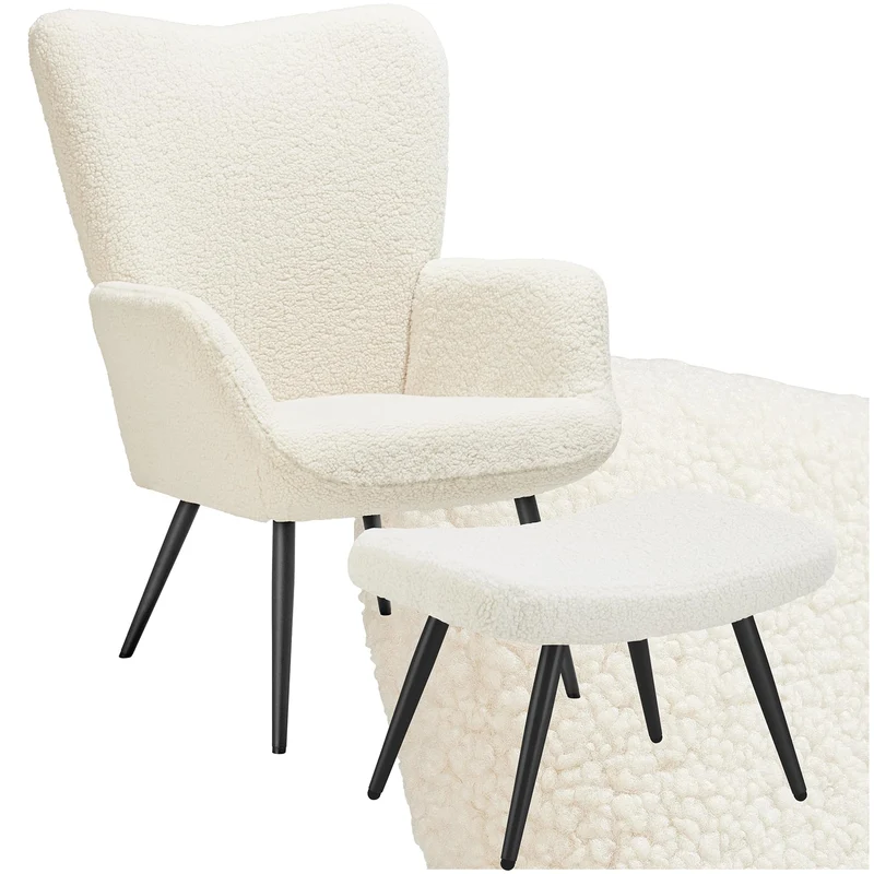 TecTake® Fauteuil Salon Confortable & Tabouret en Tissu bouclé Fauteuil Scandinave Moelleux avec Accoudoirs Chaise Ergonomique pour Salle à Manger, Chambre, Siege Bureau, Allaitement - Crème/Noir