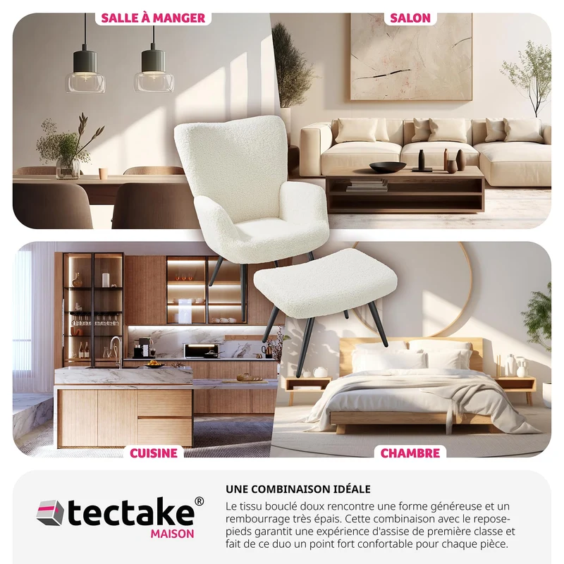 TecTake® Fauteuil Salon Confortable & Tabouret en Tissu bouclé Fauteuil Scandinave Moelleux avec Accoudoirs Chaise Ergonomique pour Salle à Manger, Chambre, Siege Bureau, Allaitement - Crème/Noir