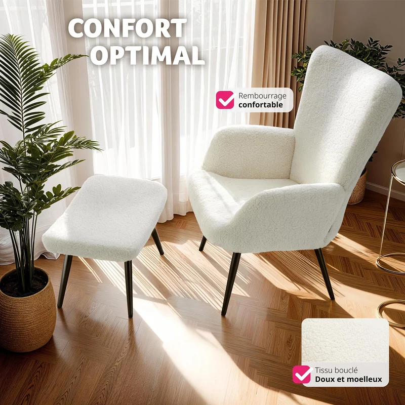 TecTake® Fauteuil Salon Confortable & Tabouret en Tissu bouclé Fauteuil Scandinave Moelleux avec Accoudoirs Chaise Ergonomique pour Salle à Manger, Chambre, Siege Bureau, Allaitement - Crème/Noir