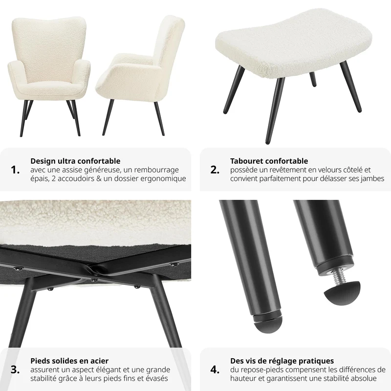 TecTake® Fauteuil Salon Confortable & Tabouret en Tissu bouclé Fauteuil Scandinave Moelleux avec Accoudoirs Chaise Ergonomique pour Salle à Manger, Chambre, Siege Bureau, Allaitement - Crème/Noir