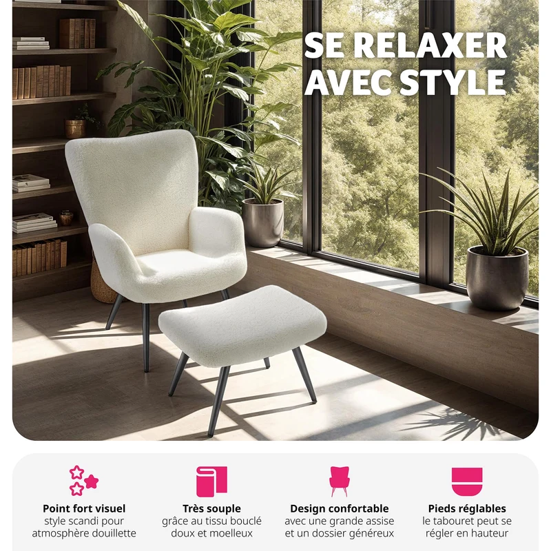 TecTake® Fauteuil Salon Confortable & Tabouret en Tissu bouclé Fauteuil Scandinave Moelleux avec Accoudoirs Chaise Ergonomique pour Salle à Manger, Chambre, Siege Bureau, Allaitement - Crème/Noir
