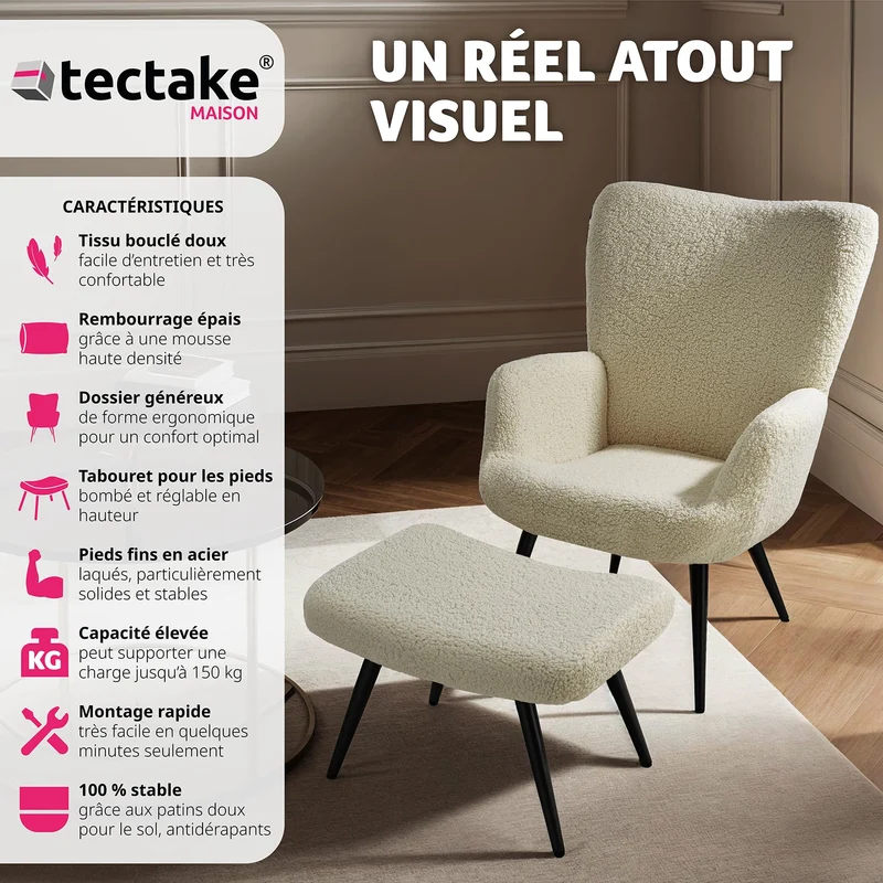 TecTake® Fauteuil Salon Confortable & Tabouret en Tissu bouclé Fauteuil Scandinave Moelleux avec Accoudoirs Chaise Ergonomique pour Salle à Manger, Chambre, Siege Bureau, Allaitement - Crème/Noir