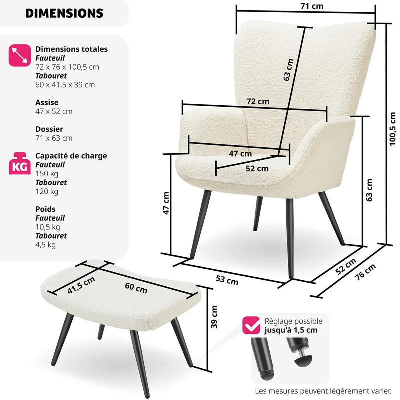 TecTake® Fauteuil Salon Confortable & Tabouret en Tissu bouclé Fauteuil Scandinave Moelleux avec Accoudoirs Chaise Ergonomique pour Salle à Manger, Chambre, Siege Bureau, Allaitement - Crème/Noir