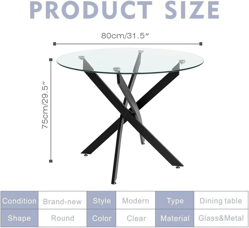 GOLDFAN Table à Manger en Verre Table Ronde Salle à Manger avec Pieds en Métal de Cuisine 80 cm, Noir