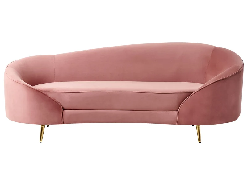 Canapé en Velours Courbé Glamour Rose Pastel à 3 Places Pieds Dorés Brillants Savar