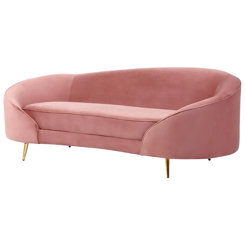 Canapé en Velours Courbé Glamour Rose Pastel à 3 Places Pieds Dorés Brillants Savar