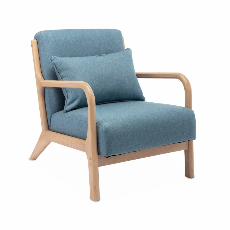 Alice's Home - Fauteuil Design en Bois et Tissu. 1 Place Droit Fixe. Pieds Compas scandinave. Assise Confortable. Structure en Bois Solide. Bleu