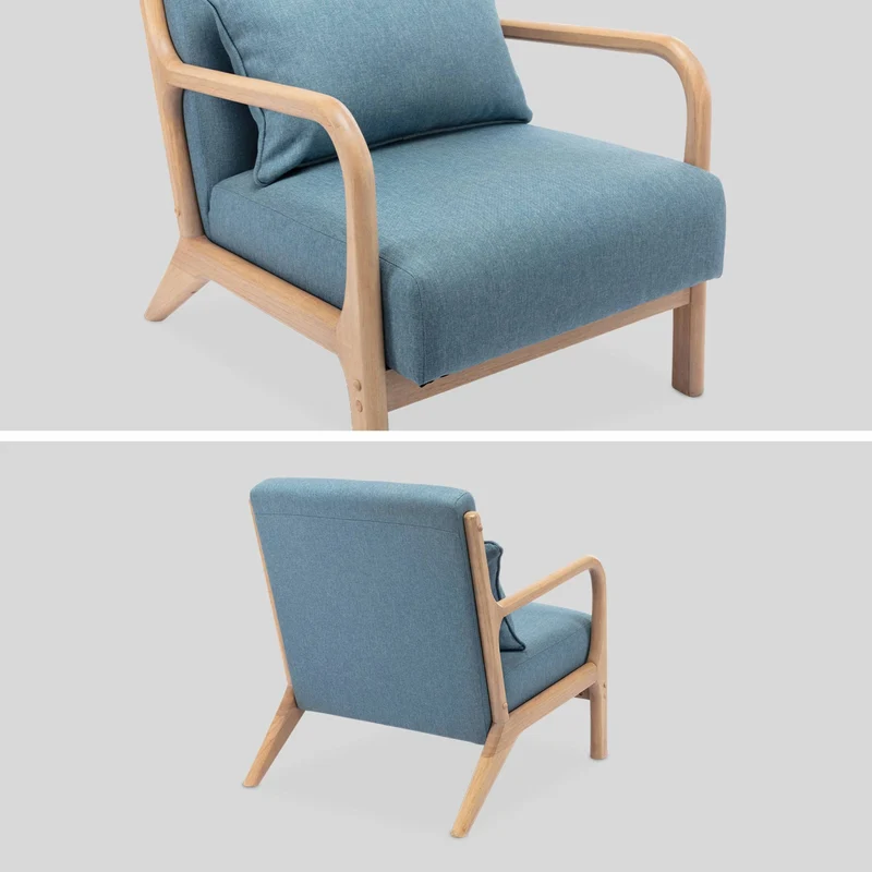 Alice's Home - Fauteuil Design en Bois et Tissu. 1 Place Droit Fixe. Pieds Compas scandinave. Assise Confortable. Structure en Bois Solide. Bleu