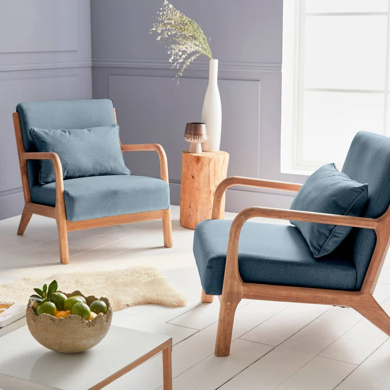 Alice's Home - Fauteuil Design en Bois et Tissu. 1 Place Droit Fixe. Pieds Compas scandinave. Assise Confortable. Structure en Bois Solide. Bleu