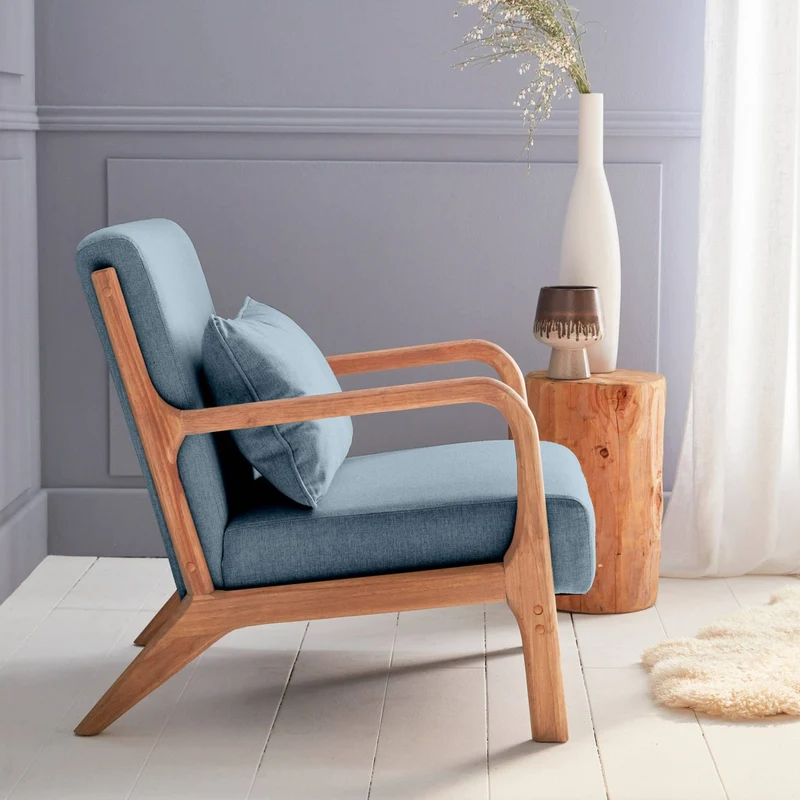 Alice's Home - Fauteuil Design en Bois et Tissu. 1 Place Droit Fixe. Pieds Compas scandinave. Assise Confortable. Structure en Bois Solide. Bleu