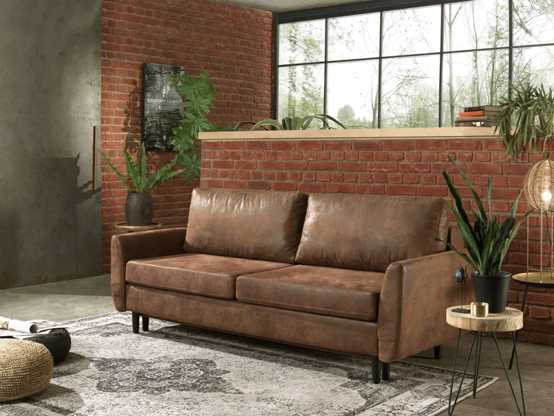 Lisa Design - Canapé Convertible Dan en Microfibre - Canapé Lit - Sofa Marron 3 Places - Salon Industriel/Vintage/Rétro
