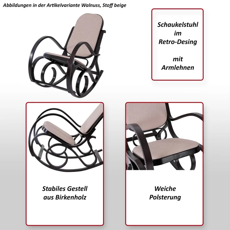 Mendler Rocking-Chair, Fauteuil à Bascule M41 - Imitation Noyer, Tissu Marron