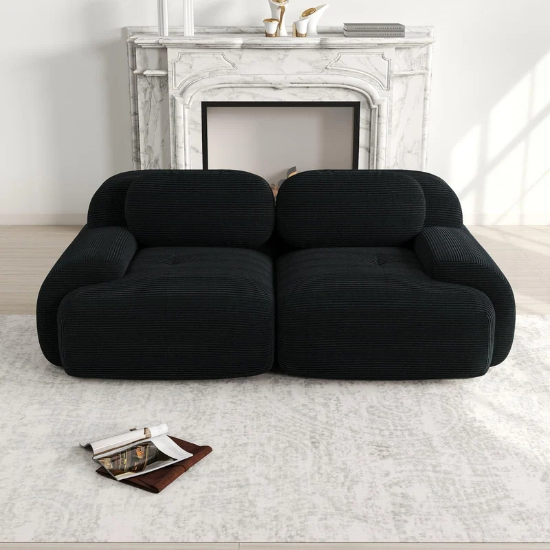 KOMHTOM Petit Canapé 2 Places en Velours Côtelé avec Coussins Confortables, Accoudoir Courbe et Rembourré - Canapé Modulable Moderne (Noir)