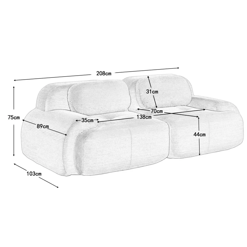 KOMHTOM Petit Canapé 2 Places en Velours Côtelé avec Coussins Confortables, Accoudoir Courbe et Rembourré - Canapé Modulable Moderne (Noir)