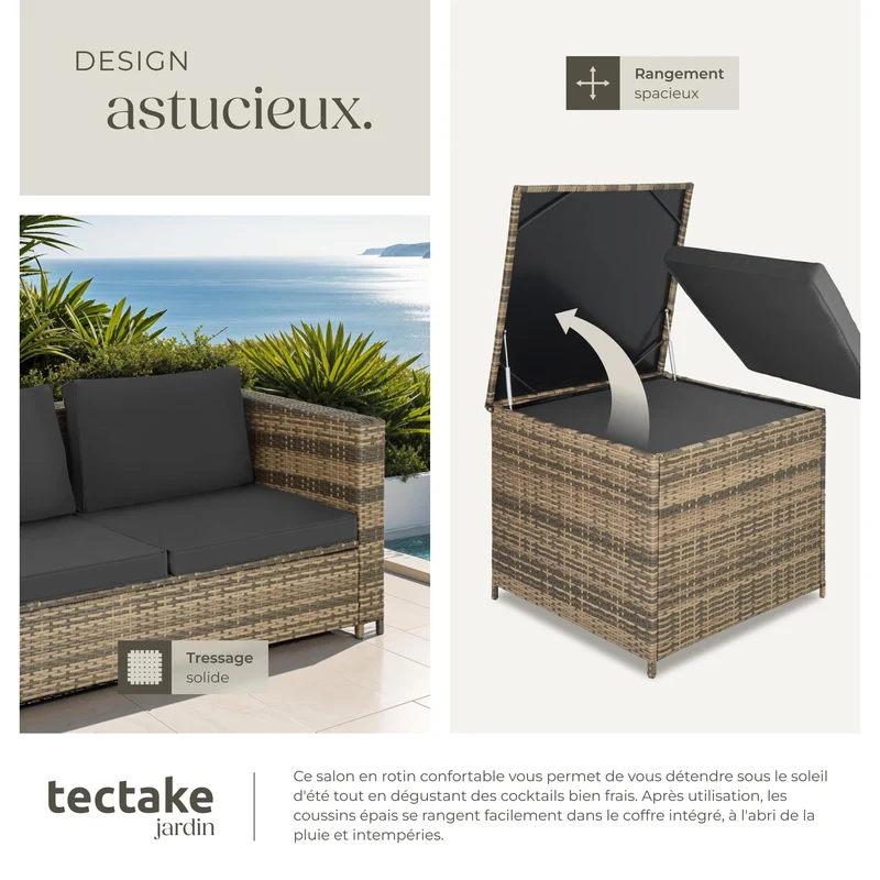 TecTake® Ensemble Salon de Jardin Exterieur en Poly Rotin 4 Personnes, 2 Canapés modulables, Coffre de Rangement et Table de Jardin en Verre Inclus, Mobilier de Jardin pour Amenagement Balcon