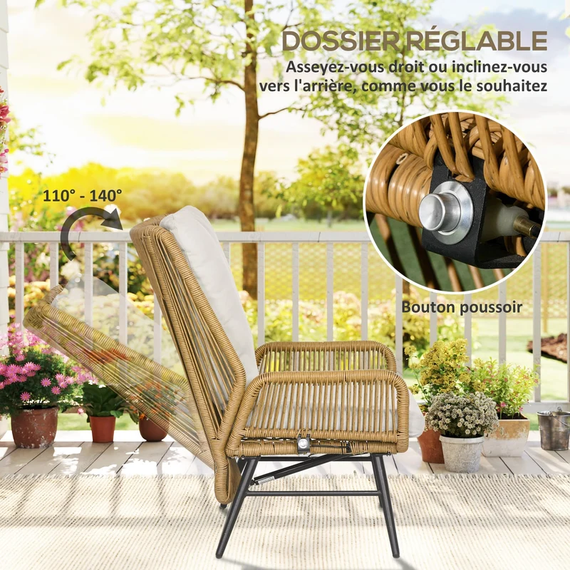 Outsunny Fauteuil de Jardin avec Repose-Pieds - Dossier inclinable et Coussin - en résine tressée Imitation rotin Ensemble de 2 pièces Naturel