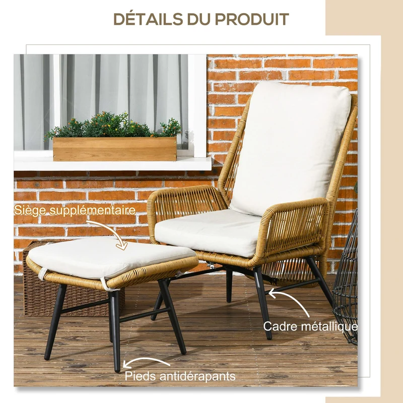 Outsunny Fauteuil de Jardin avec Repose-Pieds - Dossier inclinable et Coussin - en résine tressée Imitation rotin Ensemble de 2 pièces Naturel