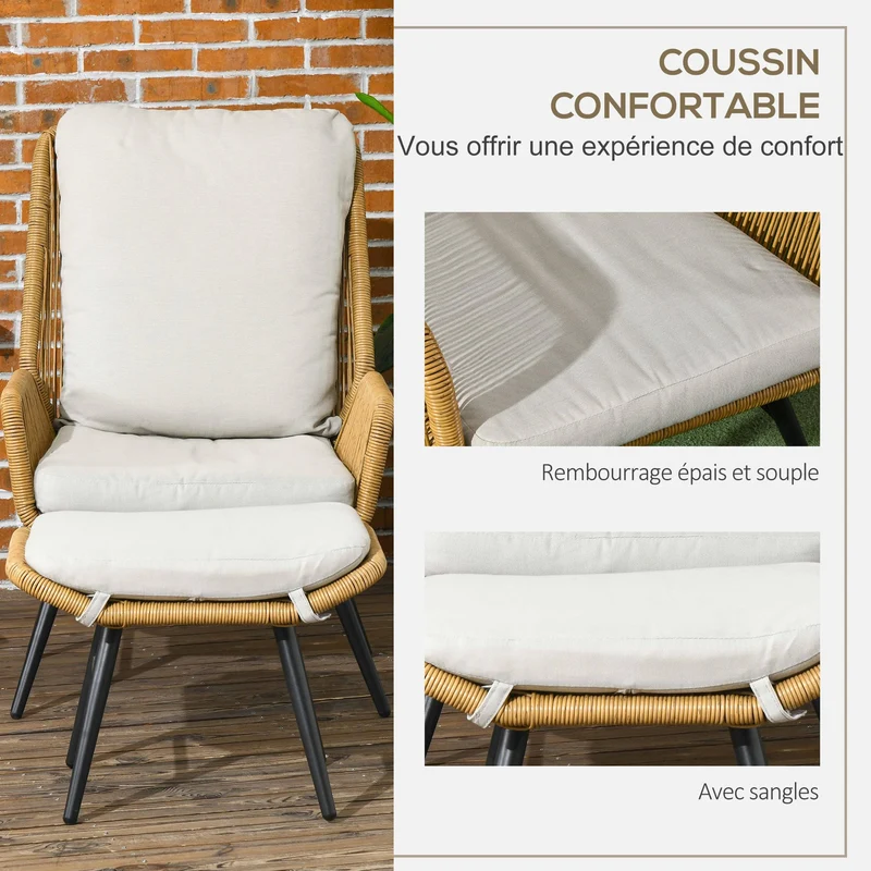 Outsunny Fauteuil de Jardin avec Repose-Pieds - Dossier inclinable et Coussin - en résine tressée Imitation rotin Ensemble de 2 pièces Naturel
