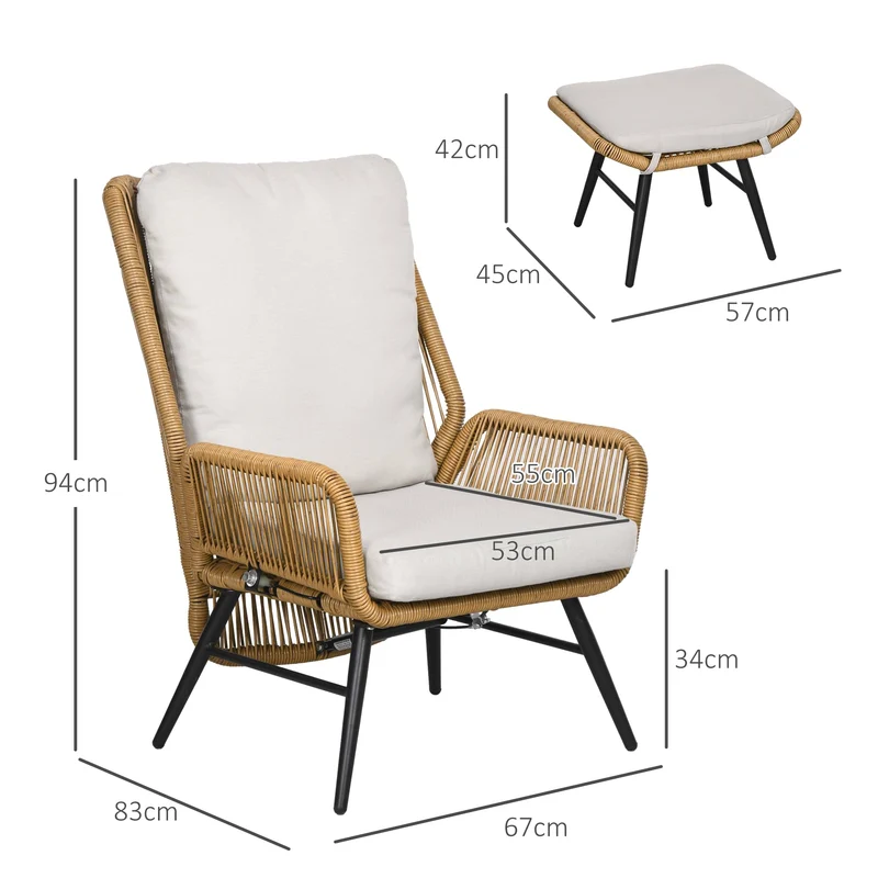 Outsunny Fauteuil de Jardin avec Repose-Pieds - Dossier inclinable et Coussin - en résine tressée Imitation rotin Ensemble de 2 pièces Naturel