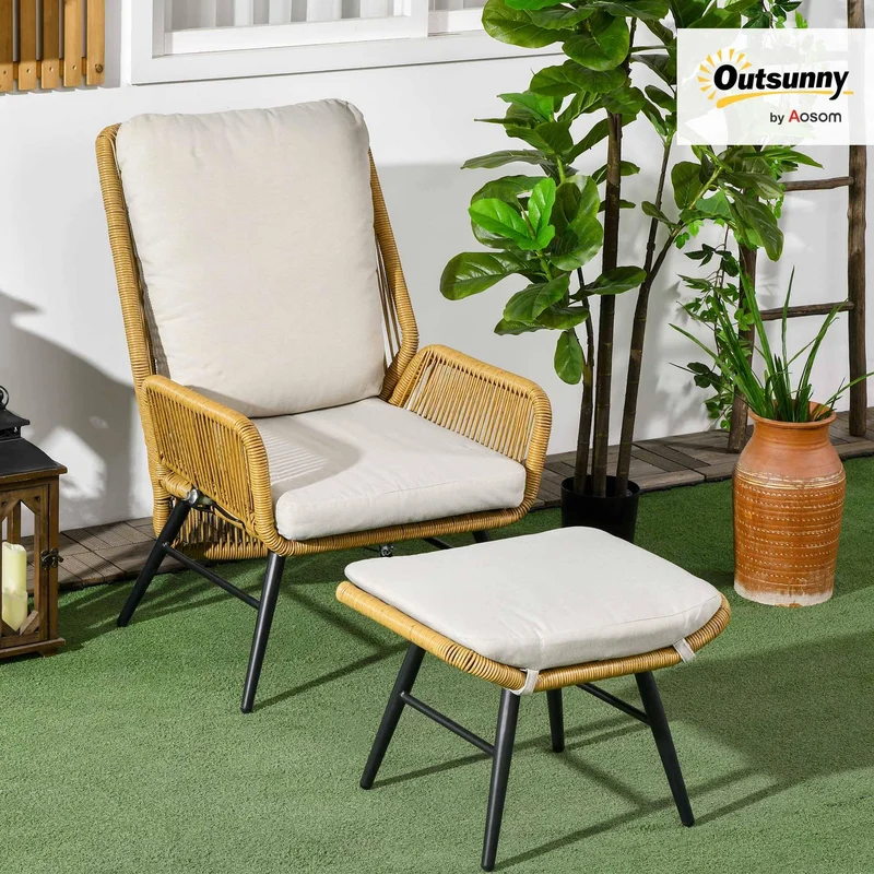 Outsunny Fauteuil de Jardin avec Repose-Pieds - Dossier inclinable et Coussin - en résine tressée Imitation rotin Ensemble de 2 pièces Naturel
